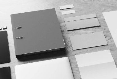 Siyah ve beyaz Kırtasiye mockup sahne marka. 3D çizim