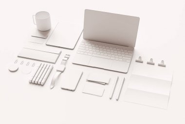 Kadar sahte marka ve beyaz ileti örneği. Ofis, banka donatımı, becerikli alet. 3D çizim