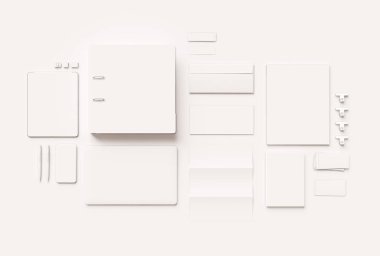 Kadar sahte marka ve beyaz ileti örneği. Ofis, banka donatımı, becerikli alet. 3D çizim