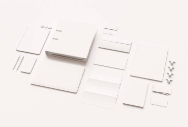 Kadar sahte marka ve beyaz ileti örneği. Ofis, banka donatımı, becerikli alet. 3D çizim