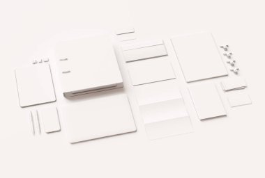 Kadar sahte marka ve beyaz ileti örneği. Ofis, banka donatımı, becerikli alet. 3D çizim