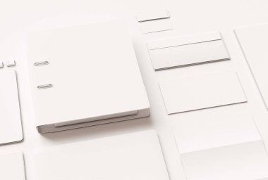 Kadar sahte marka ve beyaz ileti örneği. Ofis, banka donatımı, becerikli alet. 3D çizim