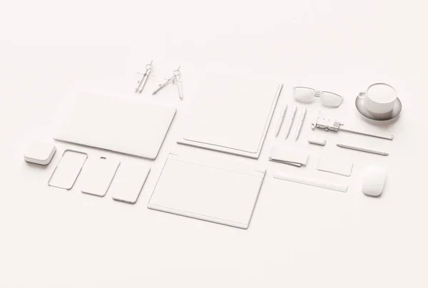 Branding Mock up & White Stationery (en inglés). Material de oficina, Gadgets. Ilustración 3D — Foto de Stock