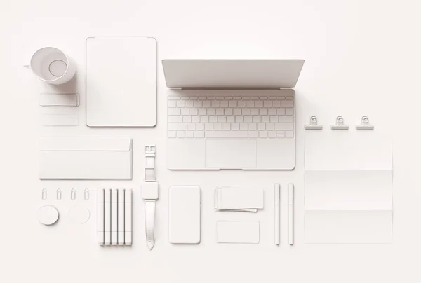 Branding Mock up & λευκό χαρτικά. Είδη γραφείου, Gadgets. 3D απεικόνιση — Φωτογραφία Αρχείου