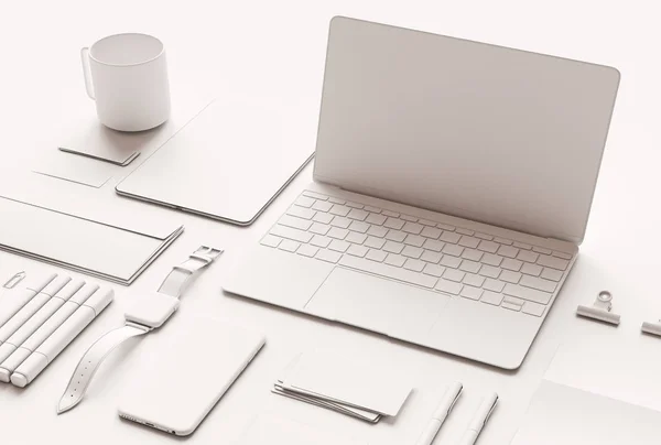 Branding Mock Up & White Papeterie. Bürobedarf, Gadgets. 3D-Illustration — Stockfoto