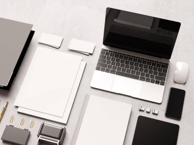 Kadar sahte marka. Ofis, banka donatımı, becerikli alet. 3D çizim