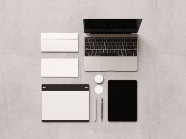 Kadar sahte marka. Ofis, banka donatımı, becerikli alet. 3D çizim