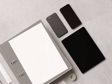 Kadar sahte marka. Ofis, banka donatımı, becerikli alet. 3D çizim