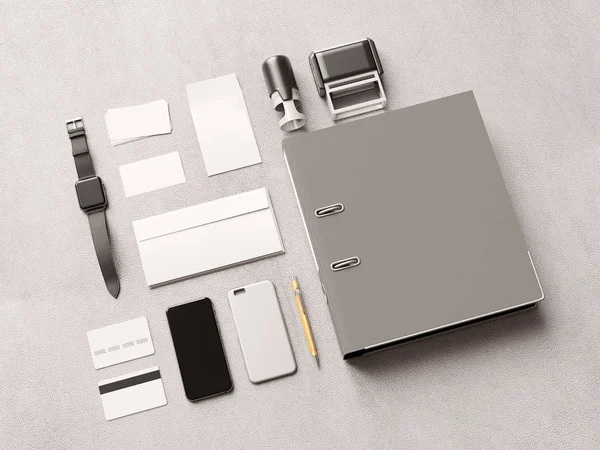 Kadar sahte marka. Ofis, banka donatımı, becerikli alet. 3D çizim