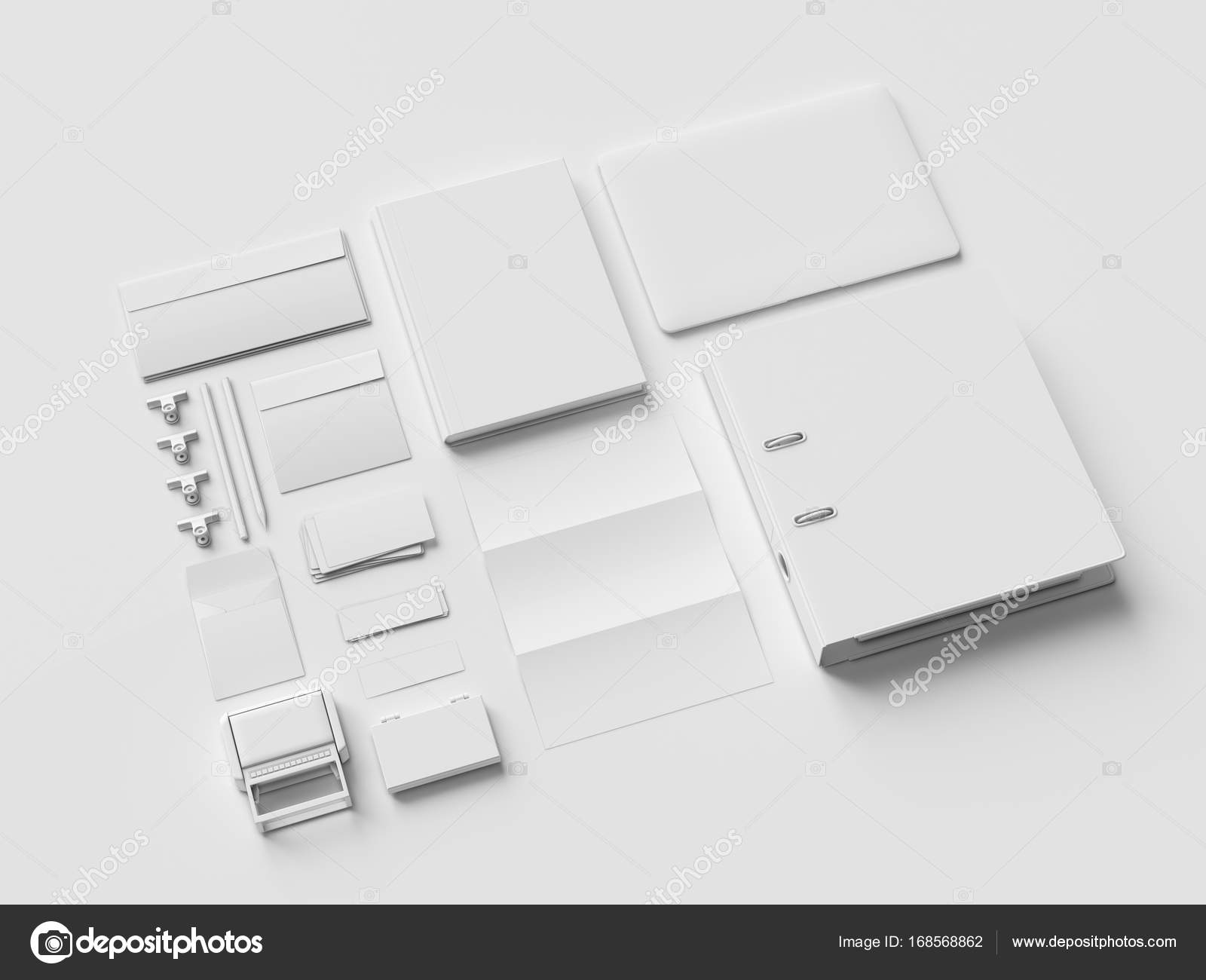 White Stationery & Branding Mockup . Office supplies, Gadgets. 3D  illustration Stock Photo by ©Studiotan 168568564