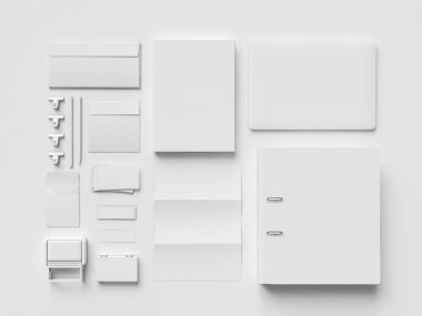 Beyaz kırtasiye ve Mockup marka. Ofis, banka donatımı, becerikli alet. 3D çizim