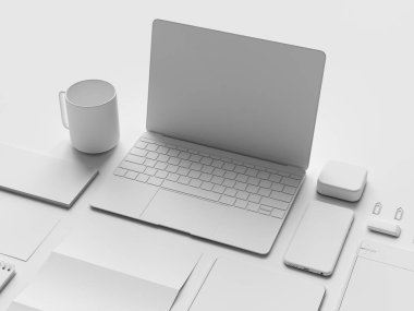 Beyaz kırtasiye ve Mockup marka. Ofis, banka donatımı, becerikli alet. 3D çizim