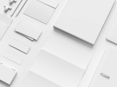 Beyaz kırtasiye ve Mockup marka. Ofis, banka donatımı, becerikli alet. 3D çizim