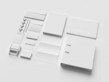 Beyaz kırtasiye ve Mockup marka. Ofis, banka donatımı, becerikli alet. 3D çizim