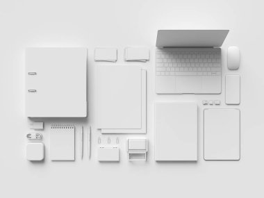 Beyaz kırtasiye ve Mockup marka. Ofis, banka donatımı, becerikli alet. 3D çizim