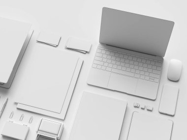Beyaz kırtasiye ve Mockup marka. Ofis, banka donatımı, becerikli alet. 3D çizim