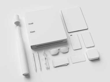 Beyaz kırtasiye ve Mockup marka. Ofis, banka donatımı, becerikli alet. 3D çizim