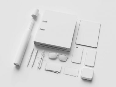 Beyaz kırtasiye ve Mockup marka. Ofis, banka donatımı, becerikli alet. 3D çizim