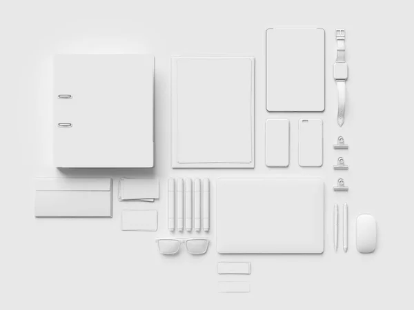 Bílý psací potřeby & značky náčrtu. Kancelářské potřeby, miniaplikace. 3D obrázek — Stock fotografie