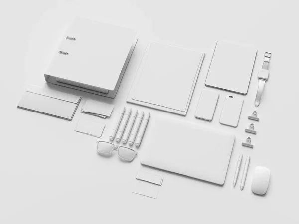 Bílý psací potřeby & značky náčrtu. Kancelářské potřeby, miniaplikace. 3D obrázek — Stock fotografie