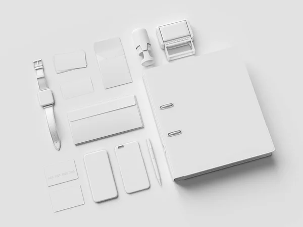 Papeterie blanche & Branding Mockup. Des fournitures de bureau, Gadgets. Illustration 3D — Photo