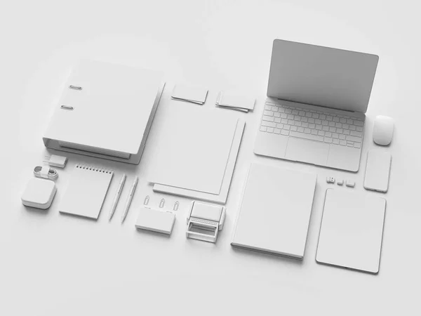White Papeterie & Branding Attrappe. Bürobedarf, Gadgets. 3D-Illustration — Stockfoto