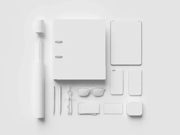 Witte briefpapier & Branding Mockup. Kantoorartikelen, Gadgets. 3D illustratie — Stockfoto
