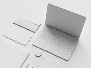 Beyaz kırtasiye ve Mockup marka. Ofis, banka donatımı, becerikli alet. 3D çizim