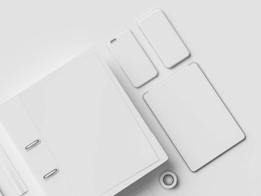 Beyaz kırtasiye ve Mockup marka. Ofis, banka donatımı, becerikli alet. 3D çizim