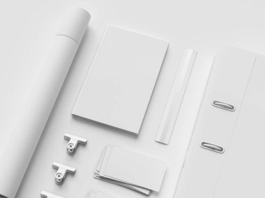 Beyaz kırtasiye ve Mockup marka. Ofis, banka donatımı, becerikli alet. 3D çizim