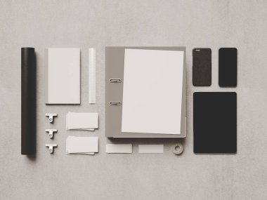 Kadar sahte marka. Ofis, banka donatımı, becerikli alet. 3D çizim