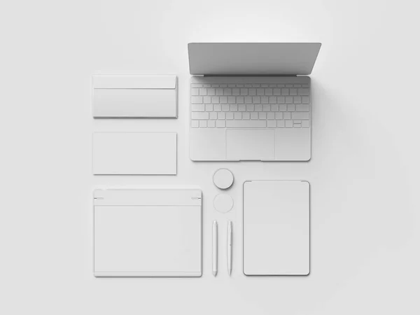 White Stationery & Branding Mockup. Material de escritório, Gadgets. Ilustração 3D — Fotografia de Stock