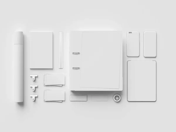 White Stationery & Branding Mockup . Office supplies, Gadgets. 3D illustration — Stock Photo, Image