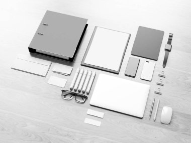 Siyah ve beyaz ofis kurumsal mockup tasarım. 3D çizim