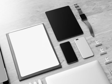 Siyah ve beyaz ofis kurumsal mockup tasarım. 3D çizim