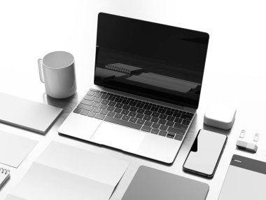 Siyah ve beyaz ofis kurumsal mockup tasarım. 3D çizim