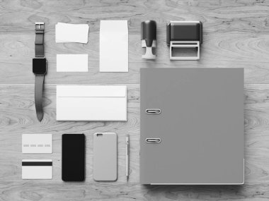Siyah ve beyaz ofis kurumsal mockup tasarım. 3D çizim