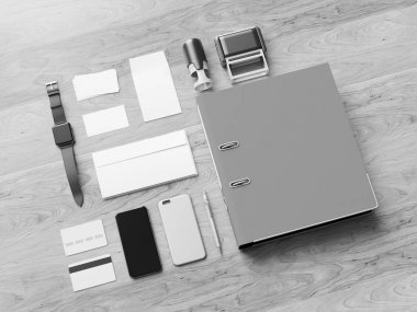 Siyah ve beyaz ofis kurumsal mockup tasarım. 3D çizim