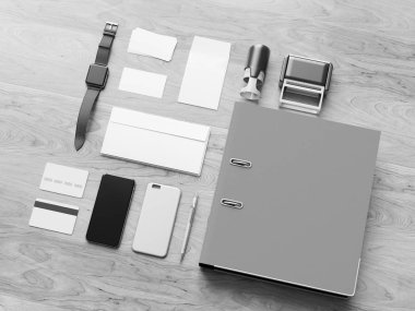 Siyah ve beyaz ofis kurumsal mockup tasarım. 3D çizim