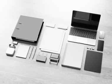 Siyah ve beyaz ofis kurumsal mockup tasarım. 3D çizim