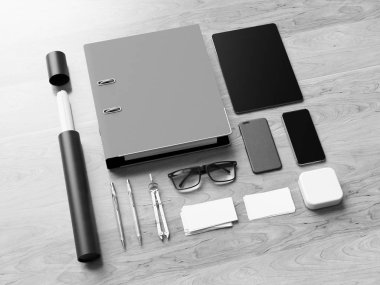 Siyah ve beyaz ofis kurumsal mockup tasarım. 3D çizim