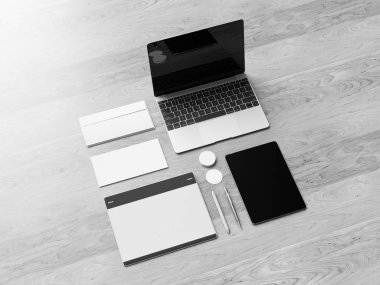 Siyah ve beyaz ofis kurumsal mockup tasarım. 3D çizim