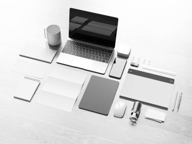 Siyah ve beyaz ofis kurumsal mockup tasarım. 3D çizim