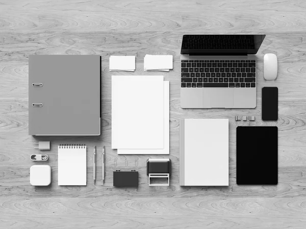 Siyah ve beyaz ofis kurumsal mockup tasarım. 3D çizim