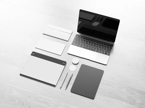 Schwarz-weißes Büromockup-Design. 3D-Illustration — Stockfoto