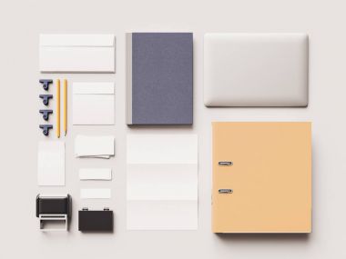 Kadar sahte marka. Ofis, banka donatımı, becerikli alet. 3D çizim