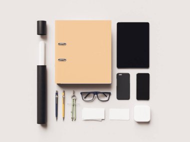 Kadar sahte marka. Ofis, banka donatımı, becerikli alet. 3D çizim