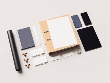 Kadar sahte marka. Ofis, banka donatımı, becerikli alet. 3D çizim