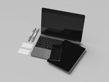 Kurumsal kimlik. Kadar sahte marka. Ofis, banka donatımı, becerikli alet. 3D çizim
