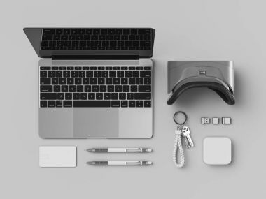 Kurumsal kimlik. Kadar sahte marka. Ofis, banka donatımı, becerikli alet. 3D çizim